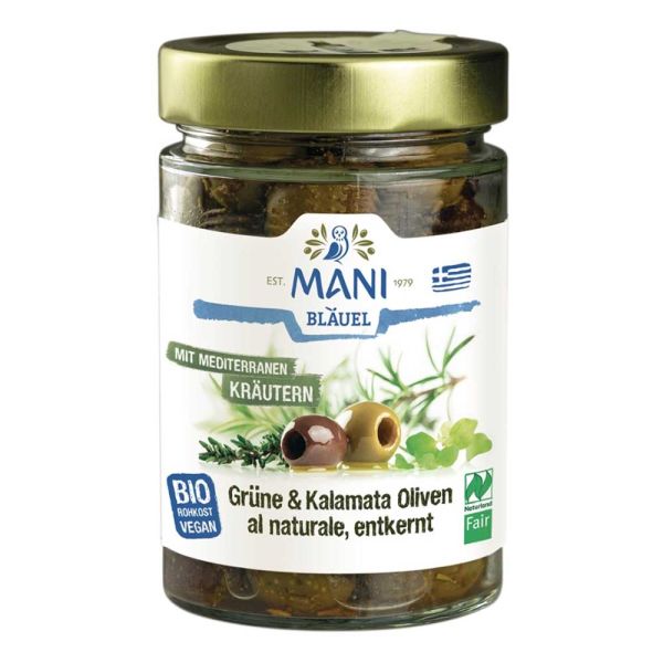 Grüne &amp; Kalamata Oliven - al naturale mit Kräutern 175g